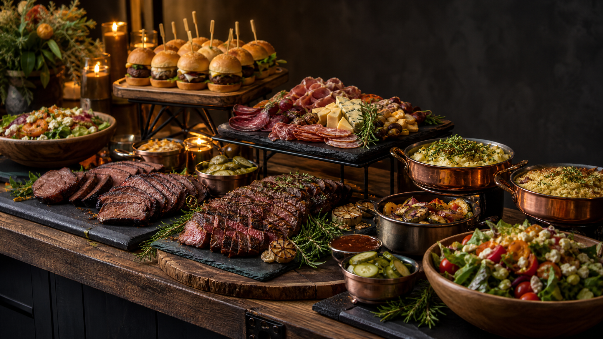 Langes, festlich gedecktes Buffet von The Butcher's Table mit warmen und kalten Speisen