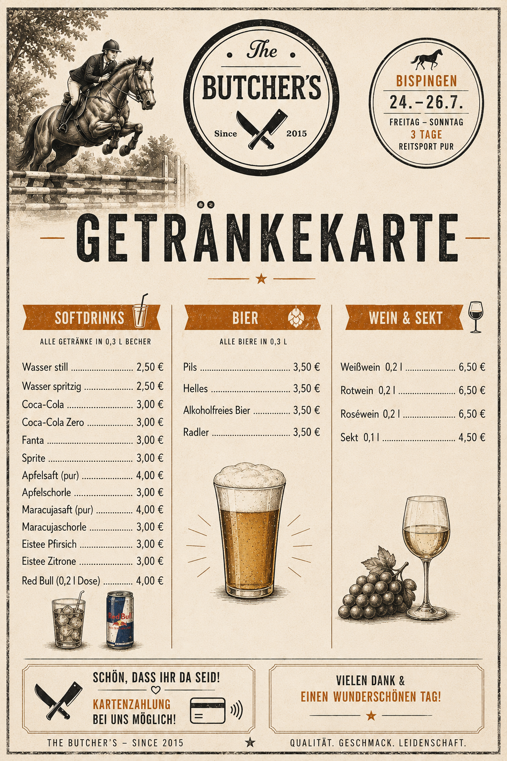 Getränkekarte von The Butcher's – Softdrinks, Bier, Wein & Sekt